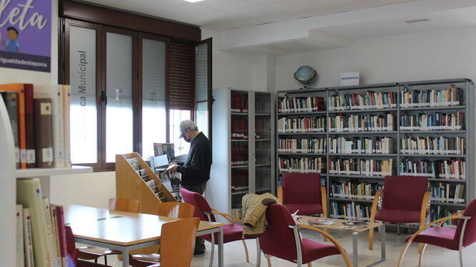 Un usuario consulta la prensa en la biblioteca municipal de Estepona.