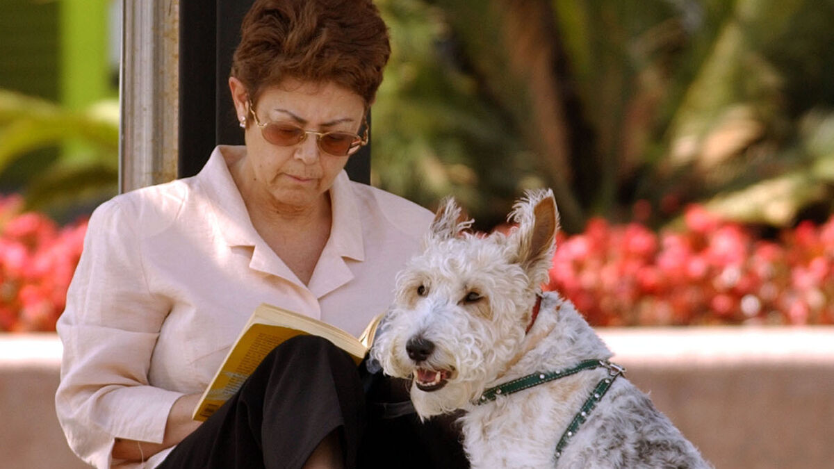 Una mujer lee un libro en compañía de su mascota.