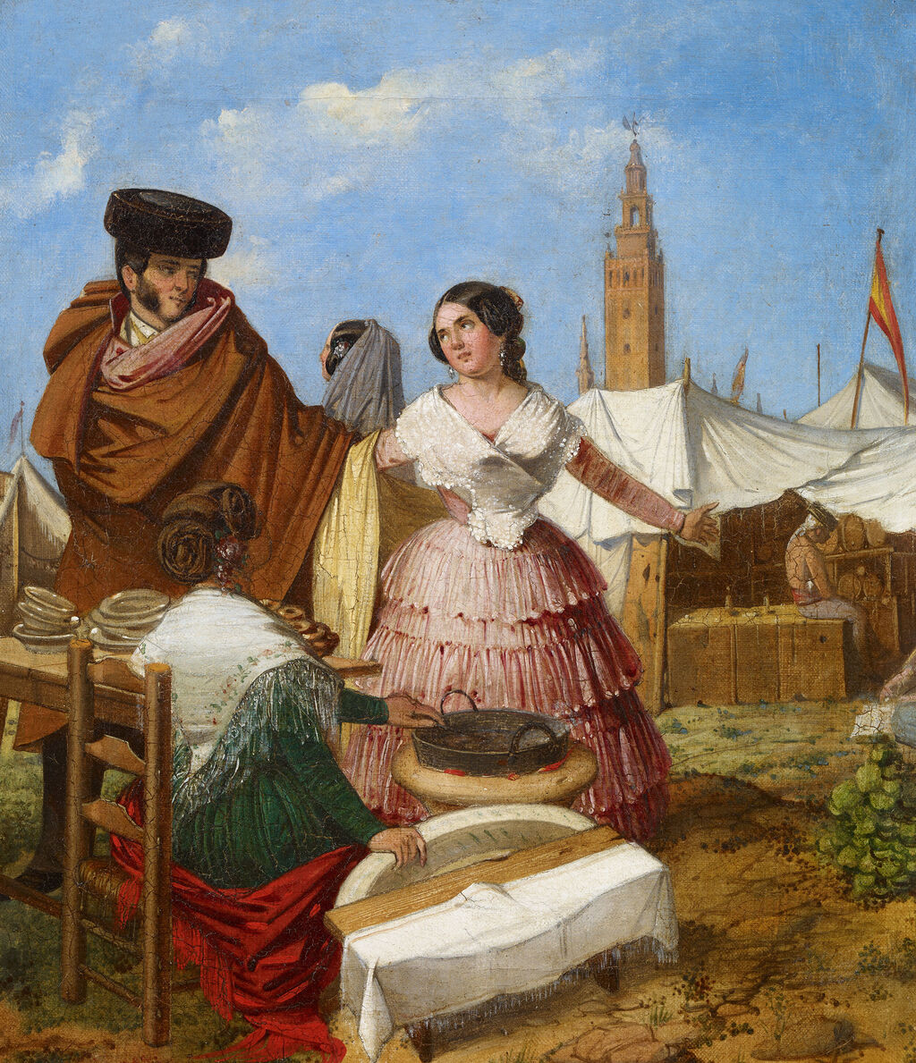 'Galanteo en un puesto de rosquillas en la Feria de Sevilla', 1852, de Rafael Benjumea. En el Museo Thyssen de M&aacute;laga.