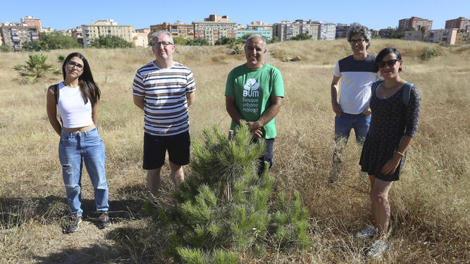 Cinco de los miembros de la Plataforma con uno de los árboles plantados.