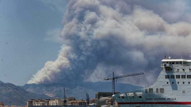Columna de humo del incendio en El Higuerón, en Mijas, vista desde el Muelle Uno en la capital.