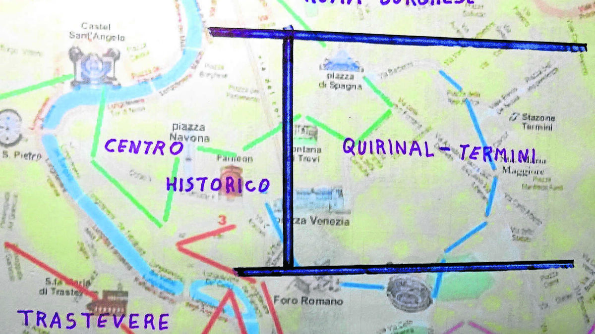 Un mapa de Roma dividido en cinco zonas.