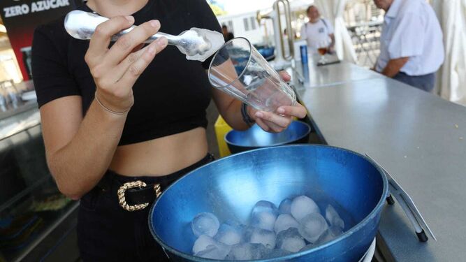 Una camarera prepara una bebida con cubitos de hielo.
