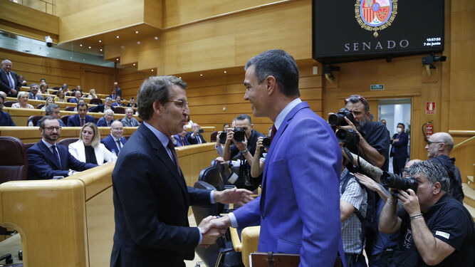 Alberto Núñez Feijóo y Pedro Sánchez se saludan en el Senado el pasado mes de junio antes de la sesión de control al Gobierno