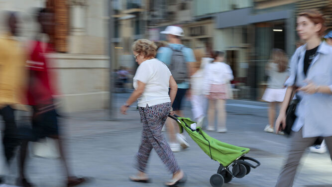 Una señora camina con un carro de la compra en Valencia.