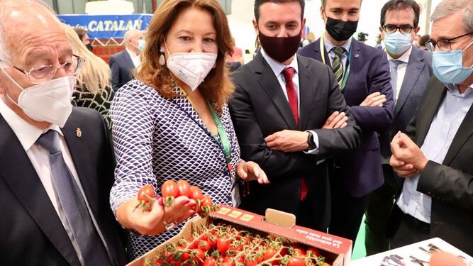 La consejera andaluza Carmen Crespo comprueba una muestra de tomates.