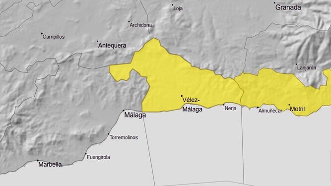 El mapa con el aviso amarillo por viento en la Axarquía.