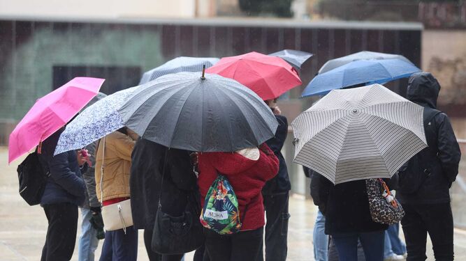 Un grupo protegido con sus paraguas en la calle Alcazabilla este martes.