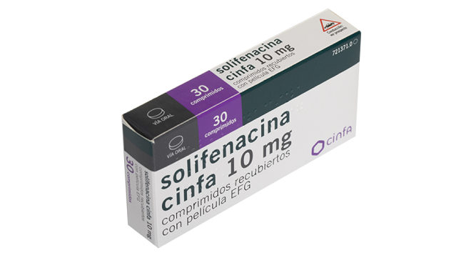 Una caja de solifenacina del laboratorio Cinfa