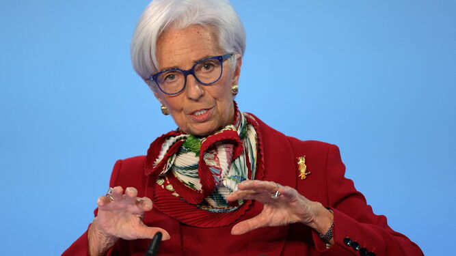 Christine Lagarde, presidenta del BCE, este jueves en rueda de prensa