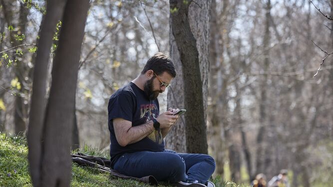 Un hombre mira su teléfono móvil en el Parque del Retiro, en Madrid.