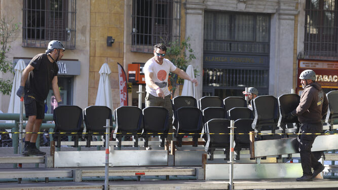 Montaje de las sillas para la Semana Santa en el centro de Málaga.