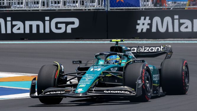 El Aston Martin de Fernando Alonso, en el circuito de Miami.