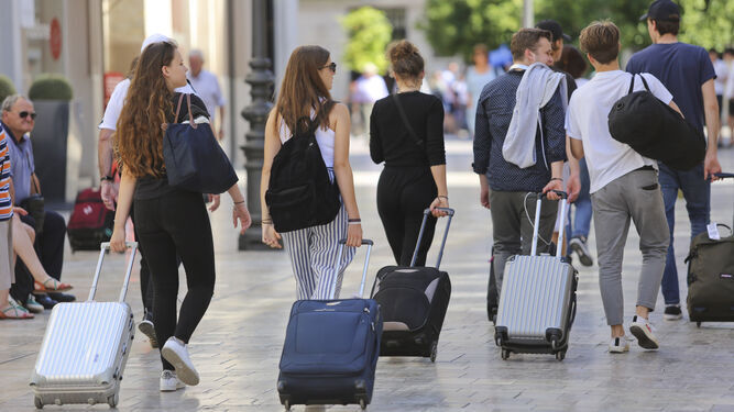 Un grupo de turistas camina con sus maletas.