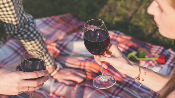 Una pareja sujeta sendas copas de vino durante un picnic romántico en el parque