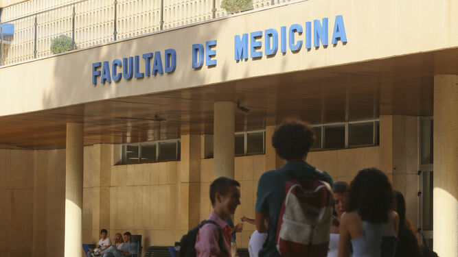 Estudiantes en la puerta de la Facultad de Medicina.