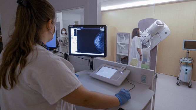 Una sanitaria observa una mamografía.