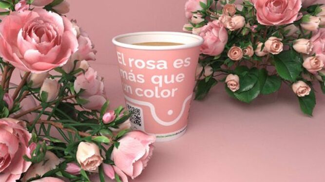 Imagen de uno de los vasos rosas de café lanzados por Alliance Vending para concienciar sobre el cáncer de mama