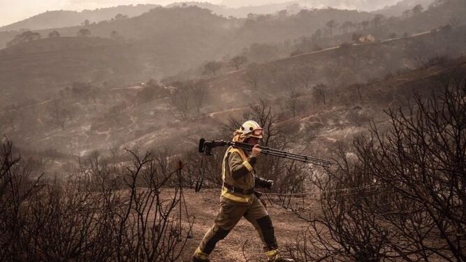 Un bombero en las labores de extinción del incendio de Mijas