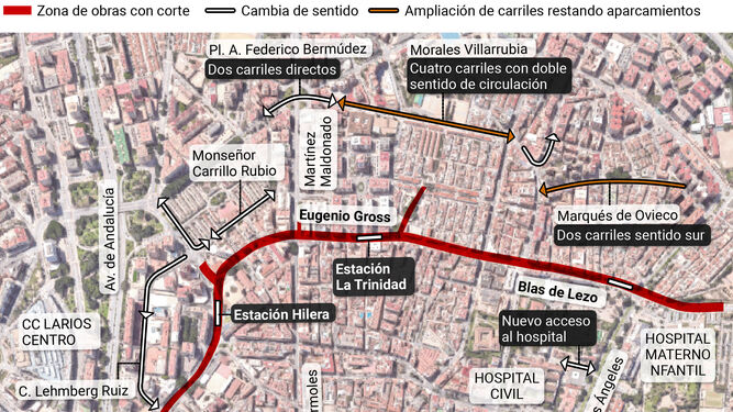Así cambiará el tráfico en la Trinidad durante las obras del Metro de Málaga.