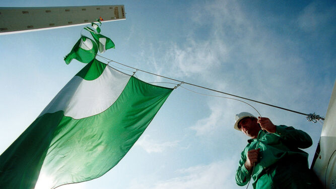 Un operario coloca una bandera de Andalucía.