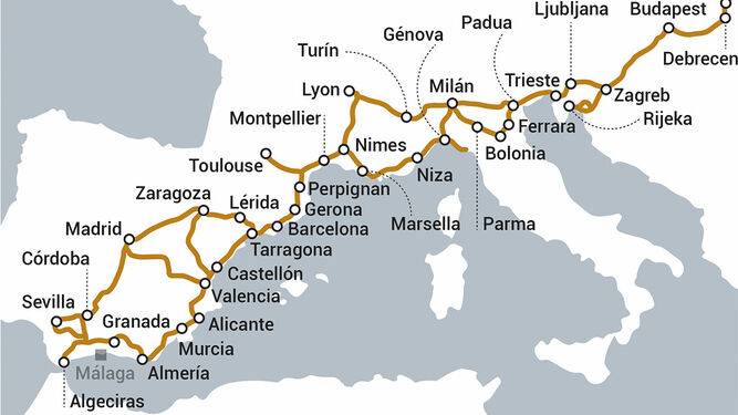Trazado del Corredor Mediterráneo aprobado por Europa y que deja fuera a Málaga.
