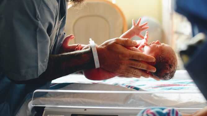 Un bebé recién nacido en las manos de un adulto.