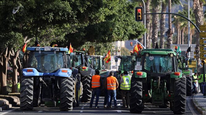 Agricultores concentrados este martes en las inmediaciones del puerto de Málaga.