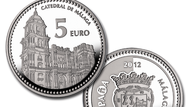 Imagen del anverso y reverso de la moneda de 5 euros de Málaga
