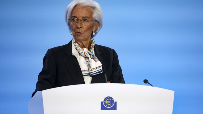 Christine Lagarde, presidenta del BCE, este jueves en rueda de prensa