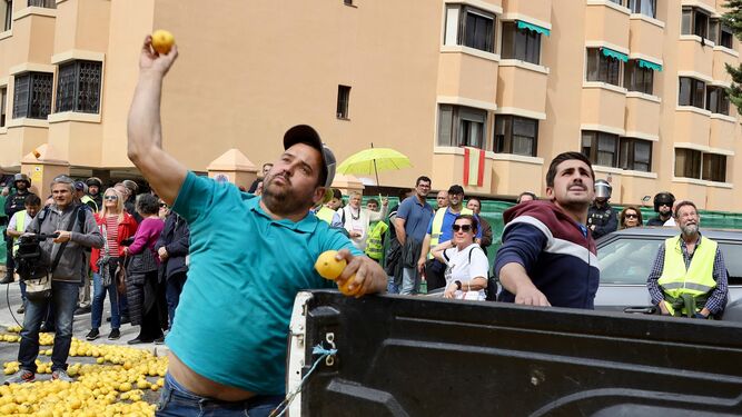 Agricultores lanzando limones contra la fachada de la Subdelegación del Gobierno de Málaga.