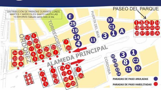 Mapa de las paradas de los autobúses de la EMT para la Semana Santa de Málaga.