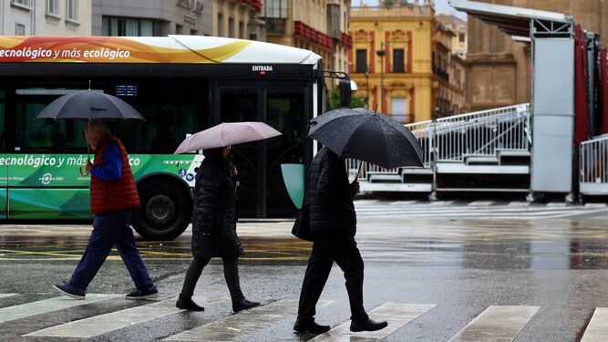 Tres personas con paraguas por el centro de Málaga este sábado.