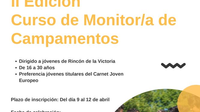 Cartel del nuevo curso gratuito de monitor de campamentos en Rincón de la Victoria